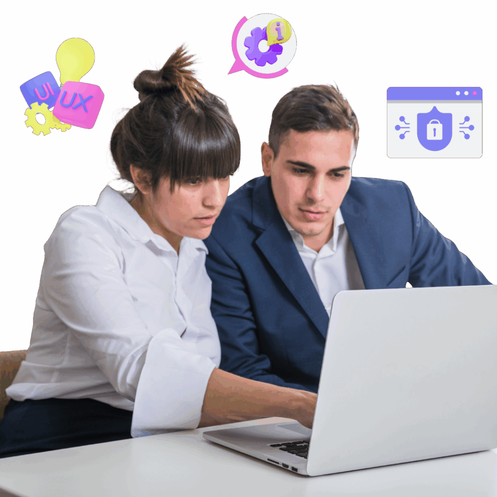 Two software developers sitting at laptop